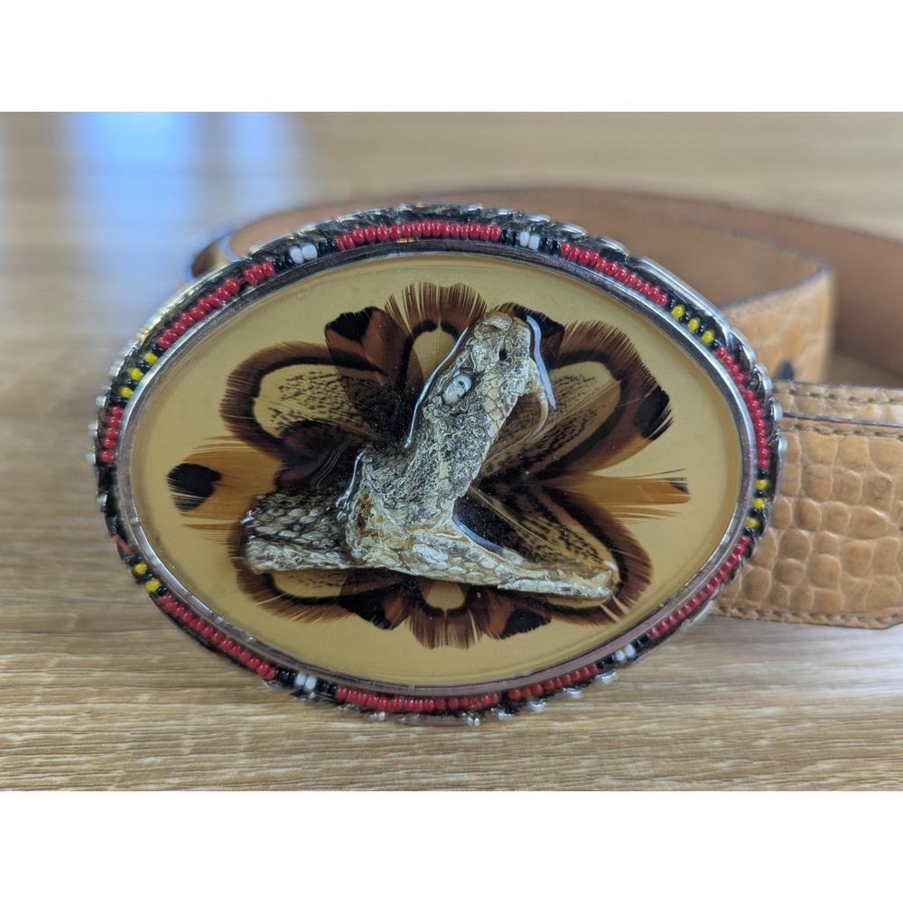 Vintage Tony Lama Hand Tooled Leather Belt Real Rattlesnake Taxidermy Buckle USA